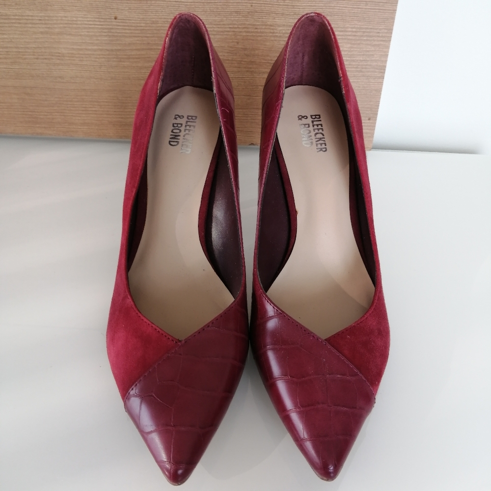 NWOB Bleecker & Bond Leather Maroon Pointed Toe Pumps Half Suede Half Croc 9